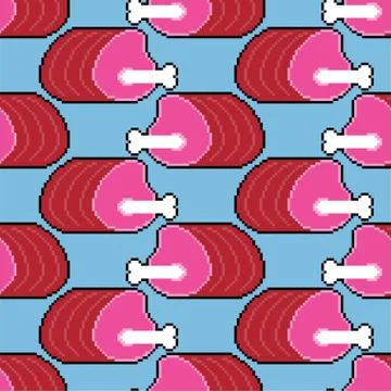 Pork ham pixel art pattern seamless. Bone meat 8 bit background Stock Illustration