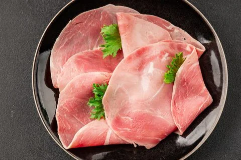 Pork ham sliced meat serving size natural ingredients eating tasty dish, sn.. Stock Photos