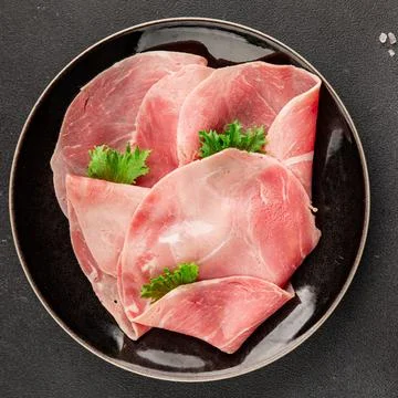 Pork ham sliced meat serving size natural ingredients eating tasty dish, sn.. Stock Photos