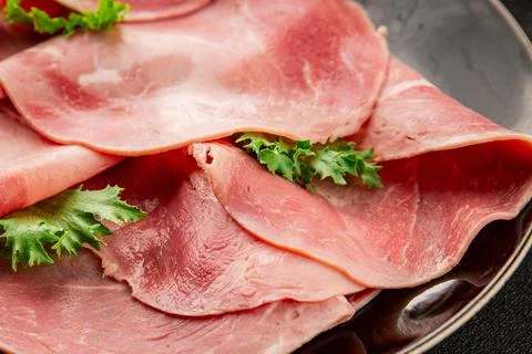 Pork ham sliced meat serving size natural ingredients eating tasty dish, sn.. Stock Photos