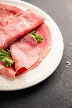 Pork ham sliced meat serving size natural ingredients eating tasty dish, sn.. Stock Photos