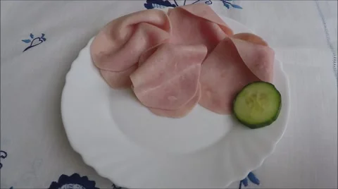 Pork ham slices on plate Stock Footage 45864230