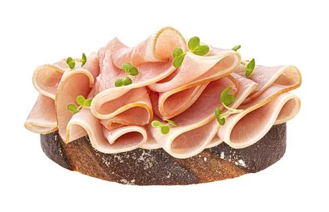 Pork ham slices on rye bread isolated on white background Stock Photos