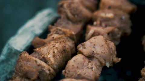 Pork kebab, cooked on coals. Rest, nature, fresh air. Stock Footage 231818412