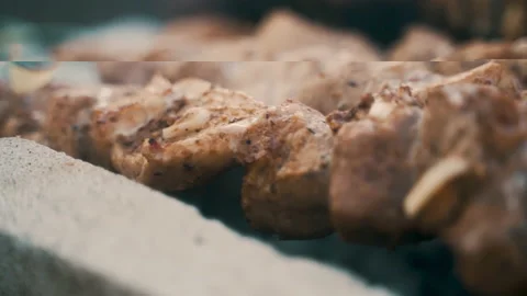 Pork kebab, cooked on coals. Rest, nature, fresh air. Stock Footage 231822208