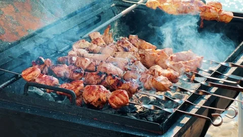 Pork kebab fried on grill, appetizing smoke glows in sun Stock-Footage 250585473