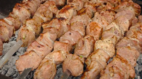 Pork Kebabs Barbecuing over Coals. 1080p FullHD video Video stock 74982275