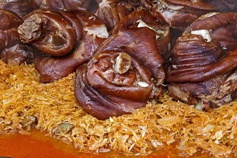 Pork knuckle placed on cabbage -2 Stock Photos