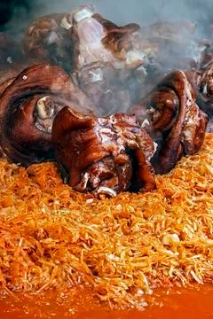 Pork knuckle placed on cabbage cooked traditional-3 Stock Photos