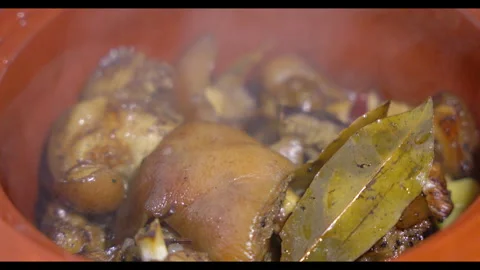 Pork knuckle stew simmering in clay pot, close-up, no people Stock Footage 329683093