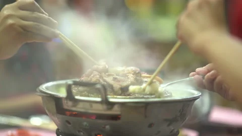 Pork meat grilled and roasted on pan for eating food of people in restaurant 스톡 동영상 134911802