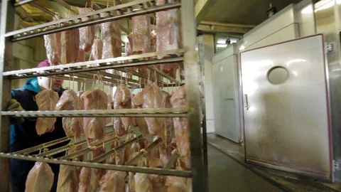 Pork meat is hot in oven cools soars smokes cook sausage beef pork meat plant Stock Footage 94157955