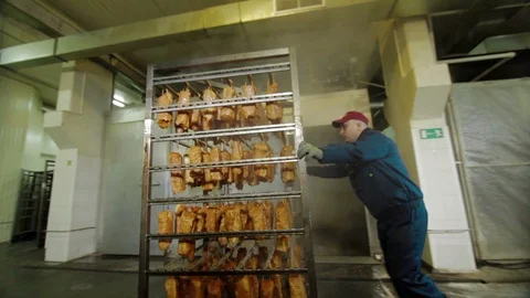 Pork meat is hot in oven cools soars smokes cook sausage beef pork meat plant Stock Footage 94157967