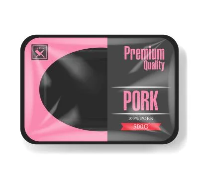 Pork meat packaging. Plastic tray container with cellophane cover. Mockup Stock Illustration