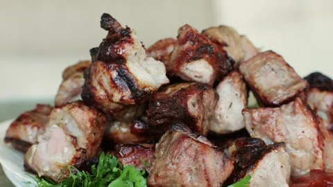 Pork meat skewer on fire, Mutton barbecue close-up. Fried muttons meat for kebab Stock Footage 256857770