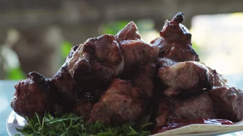 Pork meat skewer on fire, Mutton barbecue close-up. Fried muttons meat for kebab Stock Footage 257084149