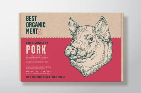 Pork Meat Vector Packaging Label Design on a Craft Cardboard Food Box Container Illustrazione stock