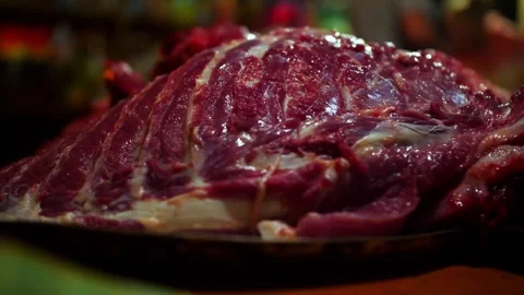 Pork ribcage raw meat slab weighing 100 pounds in a close up detail Stock Footage 344240059