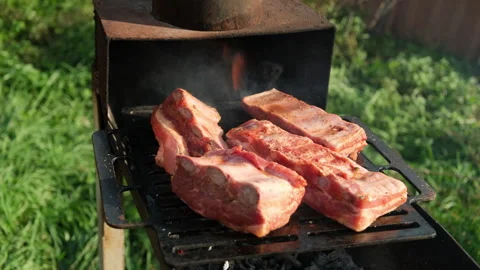 Pork ribs on a barbeque grill with fire flames and smoke, outdoors at sunset. Video stock 300095587