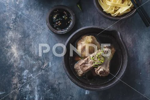 Pork ribs soup with herbs or bak kut teh, singaporean and malaysian cuisine Stock Photos