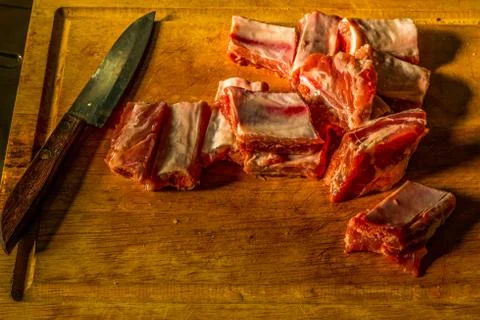 Pork rips as raw material preparing for cooking of fried pork rips. Foto stock