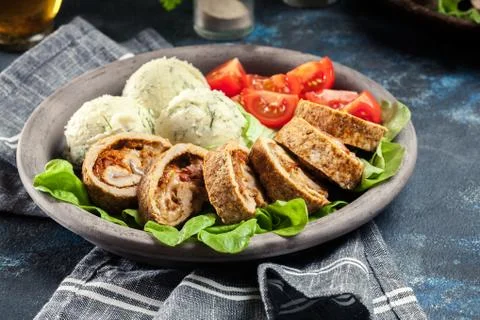Pork rolls stuffed with mozzarella Stock Photos