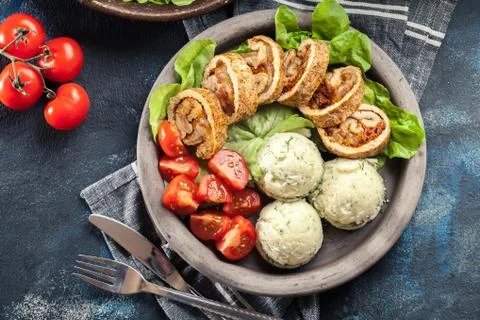 Pork rolls stuffed with mozzarella Stock Photos