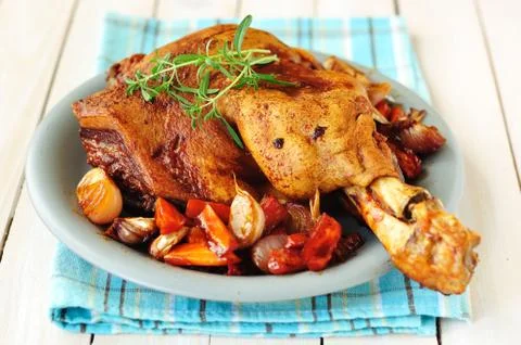 Pork Shank Roasted with Vegetables, selective focus Stock Photos