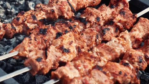 Pork skewers grilling on rack over coals, spring barbecue in backyard Stock Footage 332276314