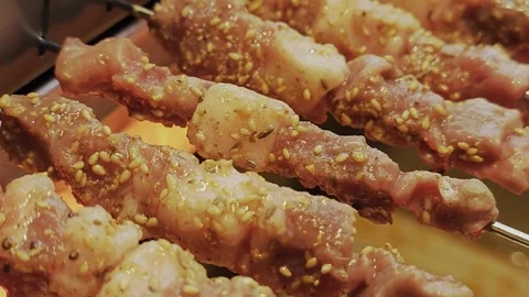 Pork skewers rotaing while being cooked Stock Footage 292276459