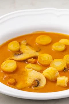 Pork soup with mushroom and baco 스톡 사진