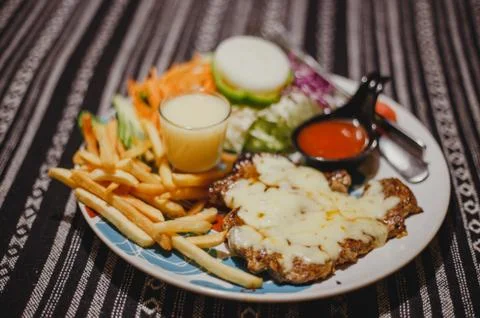 Pork steak with cheese 스톡 사진