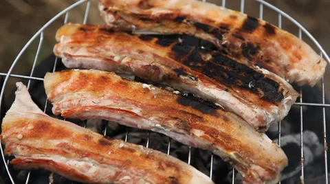 Pork Steak, Outdoor Barbeque, BBQ, Barbecue, Delicious Fat Meat, Picnic Meal Stock Footage 8763577
