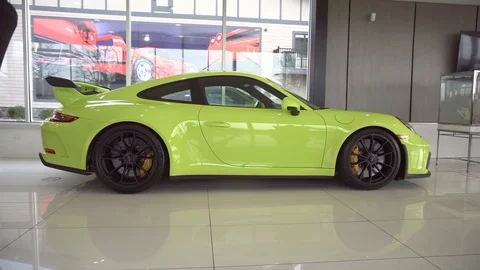 Porsche 911 GT3 GT4 GT3RS Showroom Coupe Automotive Rims Spoiler Lime Green Stock Footage