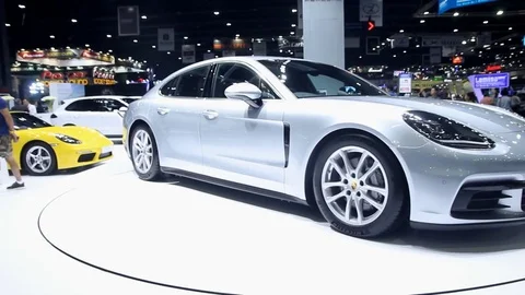 Porsche car on display at the 38th Bangkok International Auto Show. Stock Footage 75813185