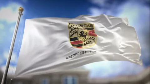 Porsche Flag Waving Slow Motion 3D Rendering Blue Sky Background - Editoria.. Stock Footage 75659237