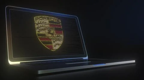 PORSCHE logo made with computer code on the laptop screen. Editorial conceptual 库存插图