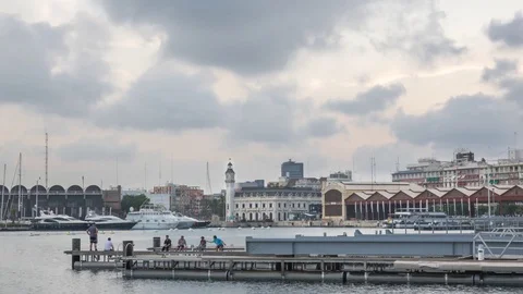 Port Authority buildings with clock tower in the harbor of Valencia, Spain Video stock 77847563
