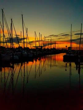Port of Cesenatico on the Romagna coast at sunset Stock Photos