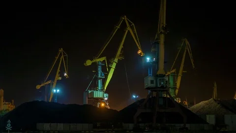 Port. Coal Terminal. The Night Loading Coal on the Quay at the Port Stock Footage 95221782