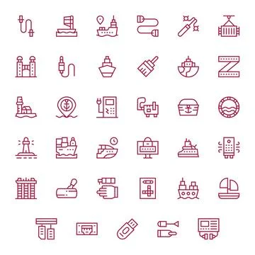Port Comprehensive Vector Bundle with 35 Editable Regular Line Retina Ready.. Stock Illustration