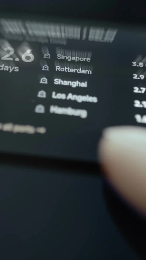 Port congestion panel reports a 2.6 day global average and lists delays Stock Footage 343357881