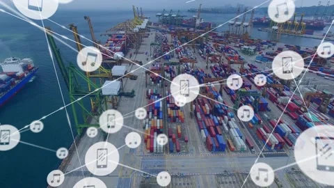 Port container stacks getting central phone icon, spawning music and phone nodes Stock Footage 331047812