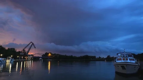 Port crane bridge and bulk carrier at night sky. Stock Footage 146043418