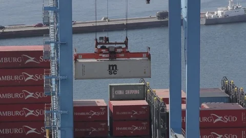 Port crane moves containers Stock Footage