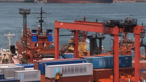Port crane moves containers Stock Footage 92181133