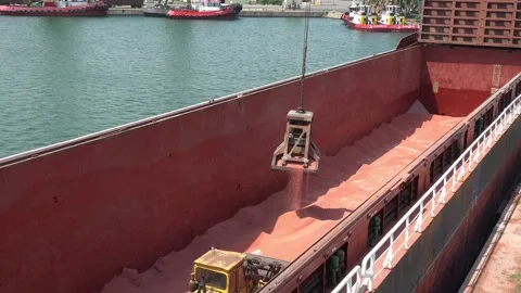 Port crane with scoop loading ship with artificial fertilizer Stock-Footage 248963299