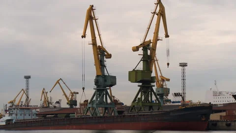 The port crane unloads the cargo ship at the pier Stock Footage 92206714