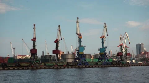Port cranes and freight train on pier. Stock Footage 239790105