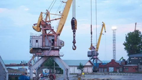Port cranes on the coast Stock Footage 82996382